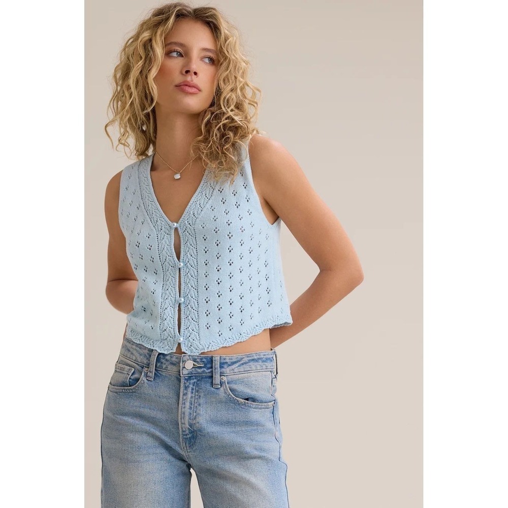Altar'd State Light Blue Knit Button Front Sweater Vest Size Large